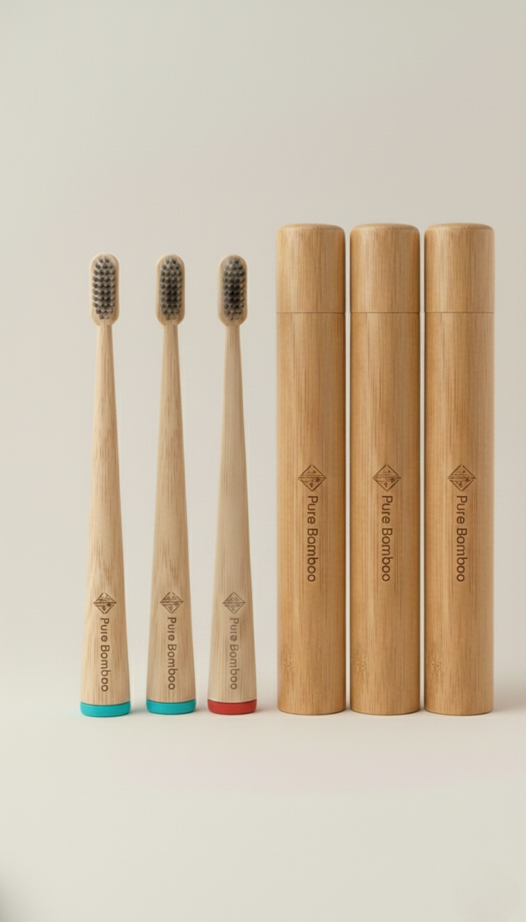 Pack Familiar 3 Cepillos de Dientes de Bambú y 3 Estuches de Viaje