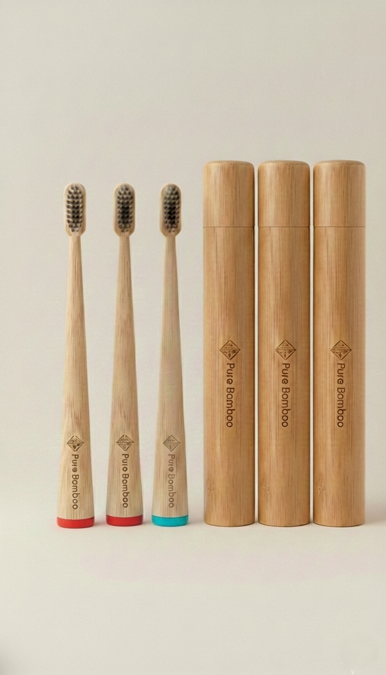 Pack Familiar 3 Cepillos de Dientes de Bambú y 3 Estuches de Viaje
