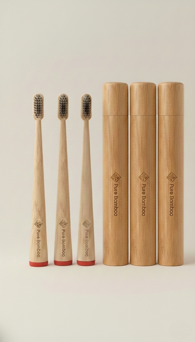 Pack Familiar 3 Cepillos de Dientes de Bambú y 3 Estuches de Viaje